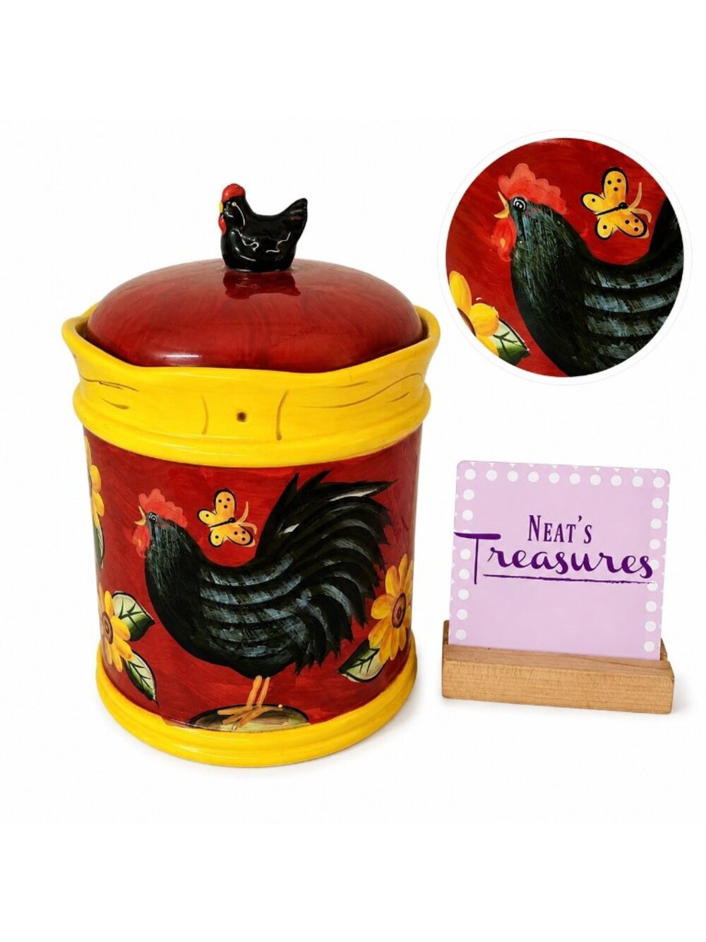 Susan Winget Cracker Barrel ROOSTER Colorful Ceramic Lidded Canister Jar FLAW